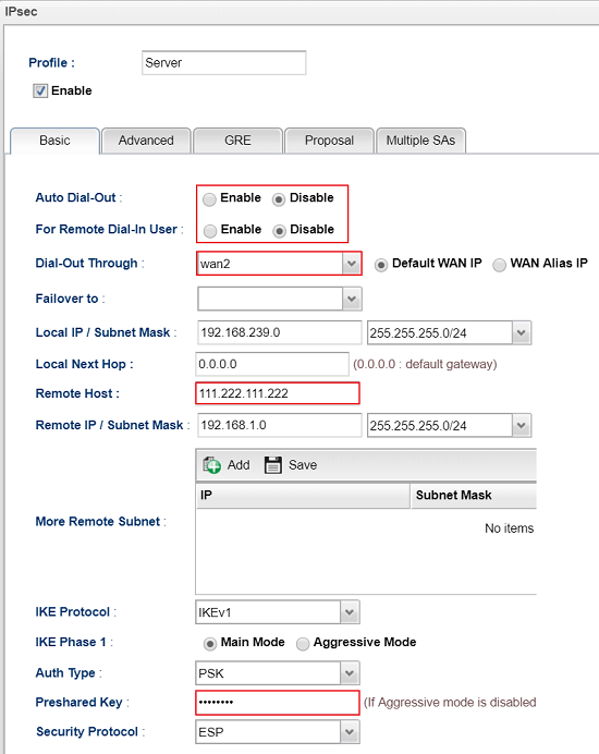 a screenshot of Vigor3900 configure VPN server dial in settings with specifying remote IP